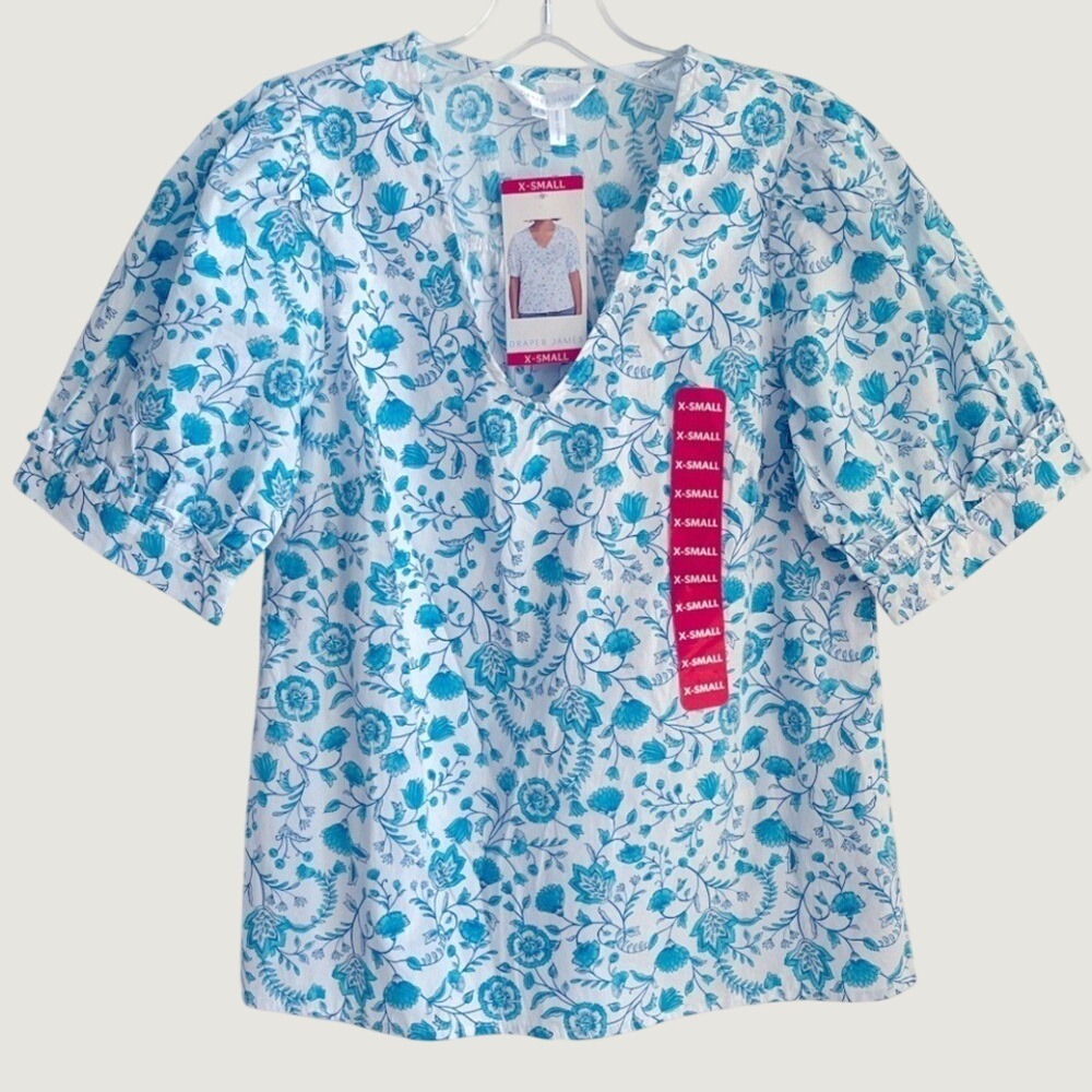 Draper James Floral Blouse Womens XS Blue White Puff Sleeve V Neck Cottagecore